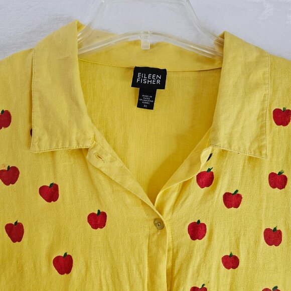 Eileen Fisher Yellow Button Up Top 100% Irish Linen Hand Painted Red Apples XL - Picture 8 of 16